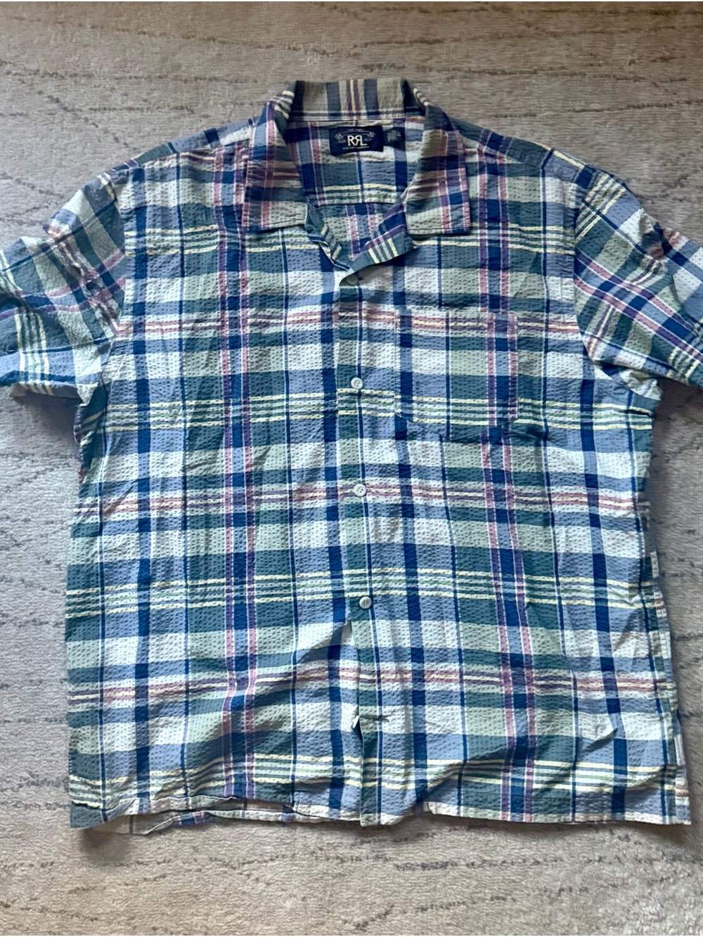 Ralph Lauren RRL Double RL Seer sucker madras print blue beige Plaid Shirt -XL